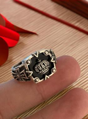 欧美复古十字军黑玛瑙皇冠泰银戒指男女时尚个性小众藏银情侣指环