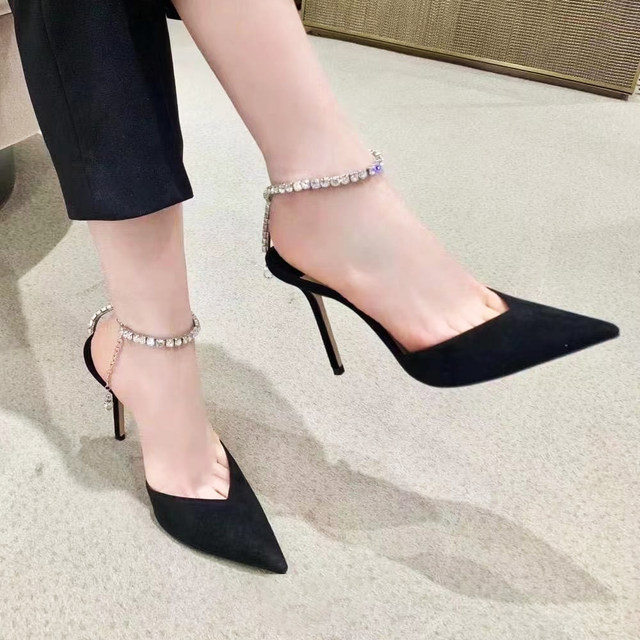 European and American girl high heels 2021 new summer water drill chain pointed pink sexy skinny sandals