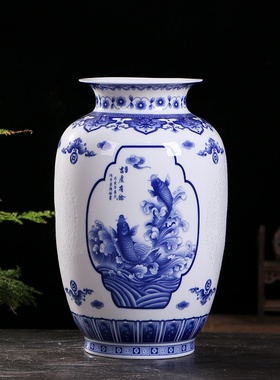 青花纯铜粉彩玲珑花瓶景德镇仿古中式陶瓷摆件瓷器客厅家居工艺品