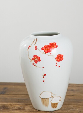 陶瓷花瓶景德镇手绘红梅花写景乡情三件套家居客厅装饰品干花