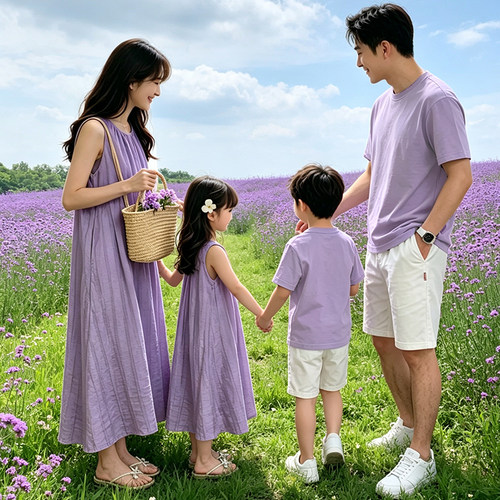 一家三口高端亲子装2026新款夏季四口扎染大码母女连衣裙母子套装 - 图0