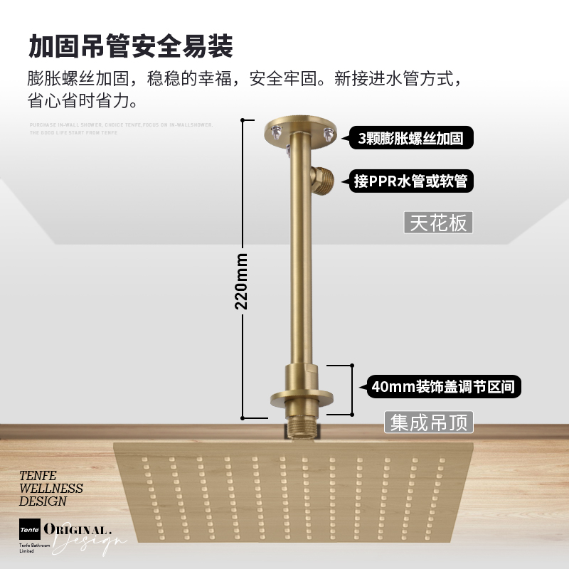 鼎菲 极简拉丝金暗装嵌入墙式冷热淋浴增压天幕花洒家装 - 图1