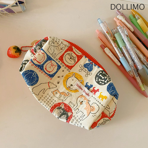Dollimo 柴犬狗狗小众可爱布艺大容量笔袋 ins古朴高级感笔袋高中学生复古风文艺女生少女文具盒化妆包收纳袋 - 图1