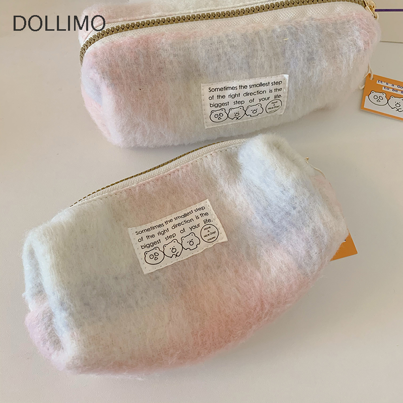 Dollimo清新大容量笔袋 微醺格纹暖fufu长绒绒大收纳袋化妆包文具