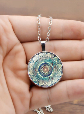 曼陀罗花时光宝石吊坠项链女百搭跨境欧美时尚复古毛衣链饰品批发