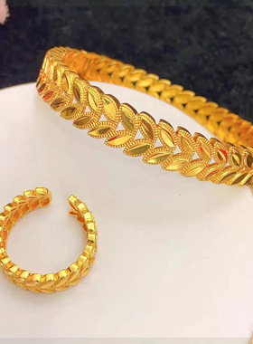 黄金色百搭沙金久戴不掉色电镀麦穗镀真金镂空戒指铜手镯戒指套装