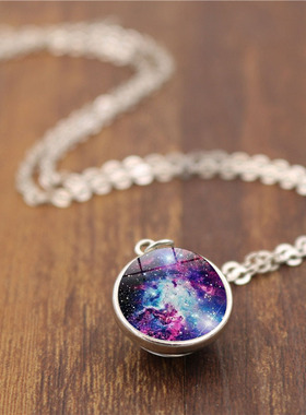 宇宙银河星云双面玻璃球时光宝石吊坠项链女百搭复古毛衣链饰品