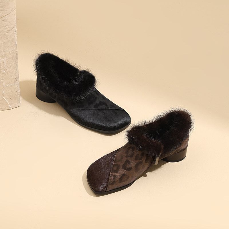 AMEINOR秋冬时尚豹纹加绒单鞋女2025新款真皮中粗跟保暖毛毛鞋子,淘宝优惠券,粉丝福利购,淘宝优惠卷