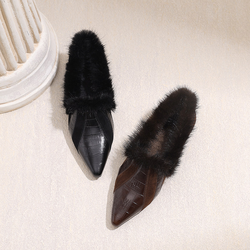 AMEINOR冬季新款尖头加绒单鞋女2025真皮小坡跟保暖乐福鞋毛毛鞋,淘宝优惠券,粉丝福利购,淘宝优惠卷