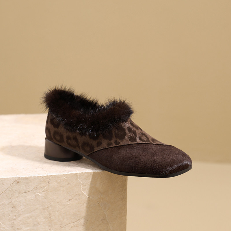 AMEINOR秋冬时尚豹纹加绒单鞋女2025新款真皮中粗跟保暖毛毛鞋子,淘宝优惠券,粉丝福利购,淘宝优惠卷