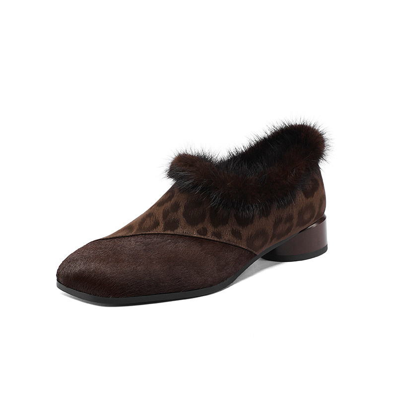 AMEINOR秋冬时尚豹纹加绒单鞋女2025新款真皮中粗跟保暖毛毛鞋子,淘宝优惠券,粉丝福利购,淘宝优惠卷