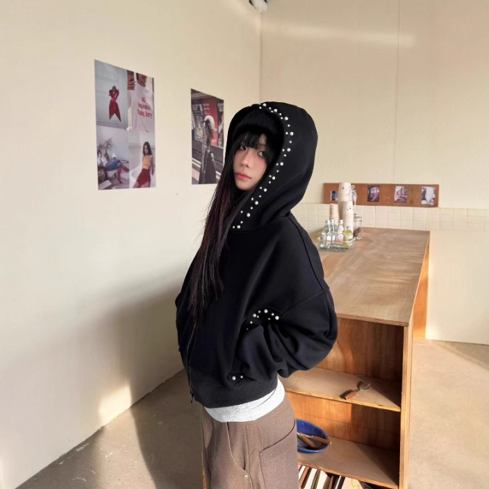 12/22Z品牌！收腰短款珍珠连帽卫衣女美式辣妹修身显瘦开衫外套 - 图0