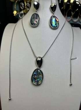 中古vintage耳环项链套装天然鲍鱼贝耳环项链可以调节时尚百搭