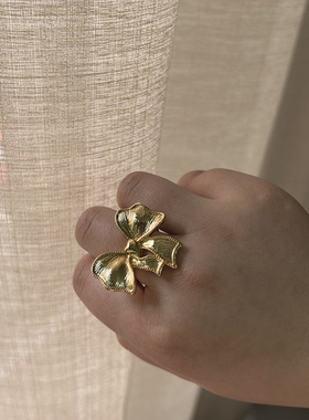 蝴蝶结戒指女个性时尚小众镀金开口指环气质食指戒