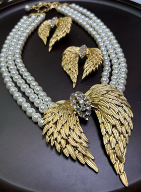 复古素金翅膀多层珍珠套装vintage重工宴会欧美巨闪耀耳环套装