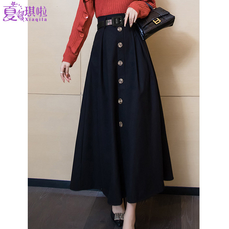 秋冬新款高腰遮肚子a字毛呢半身裙 夏琪啦半身裙