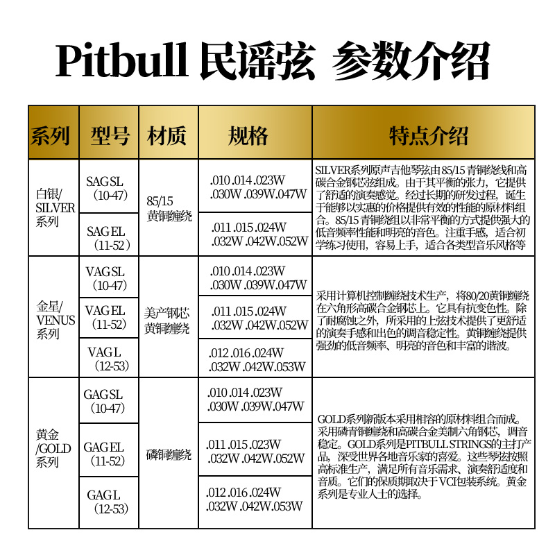 土耳其Pitbull斗牛琴弦 民谣木吉他琴弦12-53磷黄铜一套6根全套装 - 图0