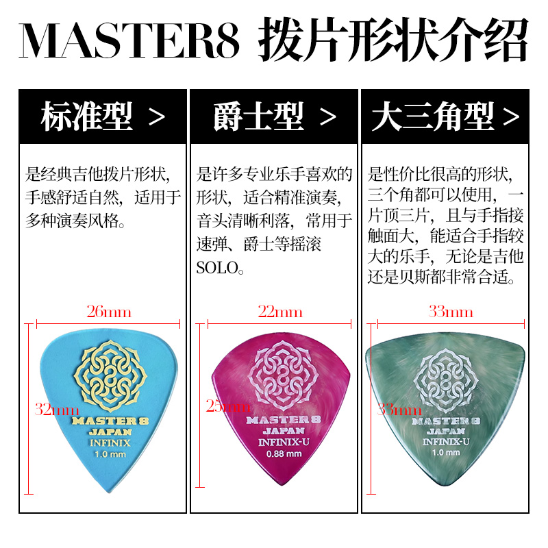 日本产MASTER 8电木吉他拨片双面防滑耐磨速弹爵士标准型民谣扫弦 - 图1