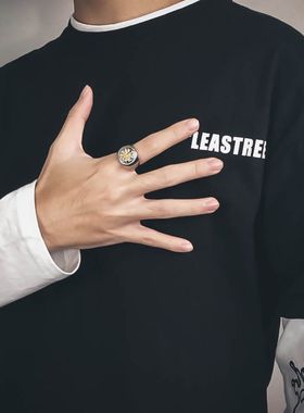 欧美复古元素情侣戒指GOOD LUCK 好运四叶草男女戒指潮牌钛钢对戒