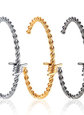复古钢丝扭线荆棘同心结打结双线同心结男女情侣开口钛钢手环手镯