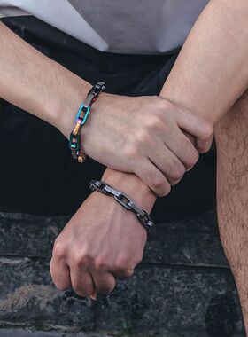 原创时尚炫彩嘻哈情侣GD小雏菊元素方形立体拼接手链按压扣钛钢