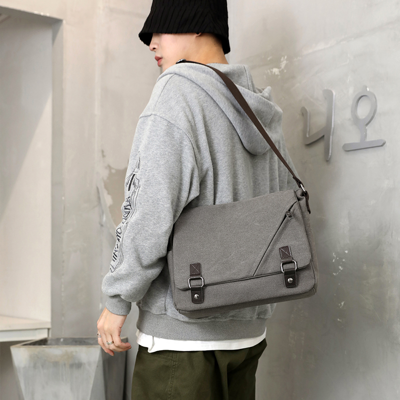 帆布男包休闲百搭单肩包时尚复古男士斜挎包邮差包男式背包商务包 - 图2