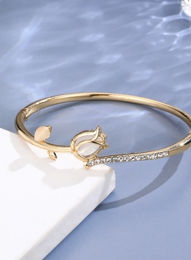 个性气质猫眼石郁金香手镯时尚轻奢玫瑰花手链感古风手环手饰