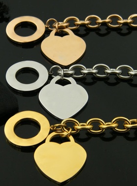 【04】欧美流行饰品 桃心圆圈OT扣粗手链钛钢玫瑰金心型手链银色