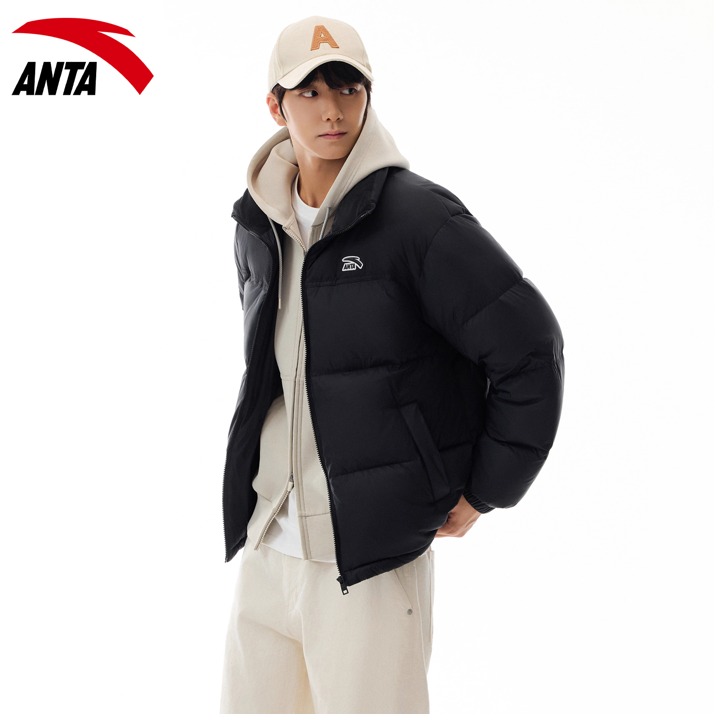 王一博同款安踏羽绒服男保暖2025冬季新款面包服立领简约大码外套 - 图1