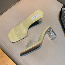 Uncle MJ square head transparent sandal slippers shoes womens summer new style outside wearing sexy versatile crystal block heel one word drag