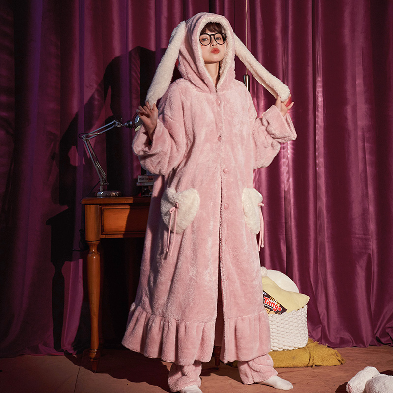 秋冬款珊瑚绒可爱兔子耳朵长款睡裙 皖峰服饰睡裙