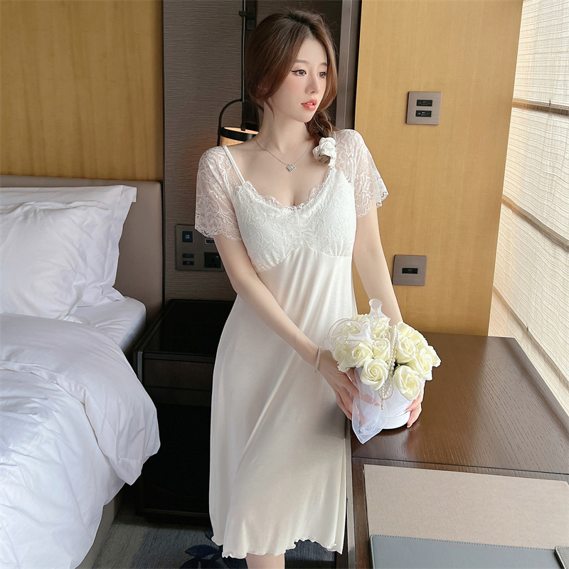 新款冰丝纯色蕾丝吊带纯欲性感睡裙 皖峰服饰睡裙