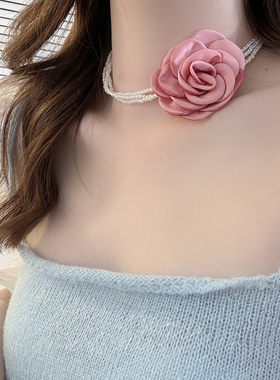 玫瑰项链布艺锁骨链女珠子