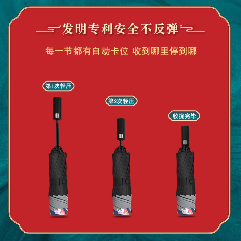 太阳城全自动雨伞晴雨两用伞国潮风ins大号防晒遮阳黑胶折叠伞