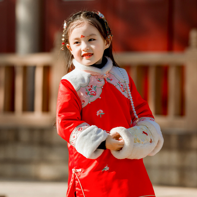 汉服女童冬装加棉加厚中国风复古唐装小女孩过年新年装宝宝拜年服 - 图2