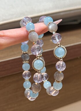 木宁家多宝海蓝宝串珠手链女天然紫水晶多宝手串饰品