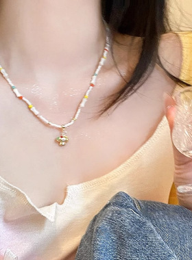 夏日多巴胺珍珠项链女生甜酷彩色串珠竹节配饰锁骨链高级感脖颈链