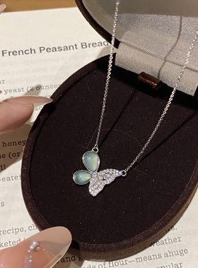 蒂奇实拍高级感小众蓝水翡翠蝴蝶项链女S925纯银轻奢闪锆锁骨链潮