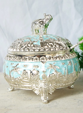 金属大象糖盅内胆玻璃金属手工上釉色家居装饰摆件东南亚旅游纪念