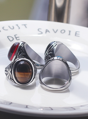 不掉色时尚男士钛钢玛瑙戒指