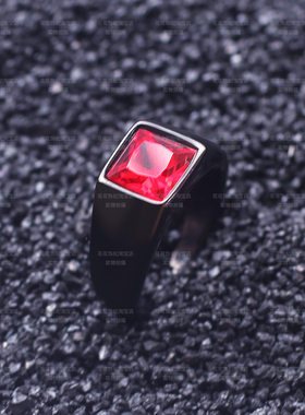韩版黑色时尚可刻字红宝石戒指
