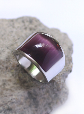 粉红色猫眼石戒指男士韩版钛钢