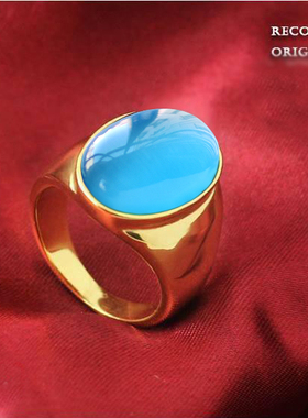 蓝色猫眼石男士钛钢戒指