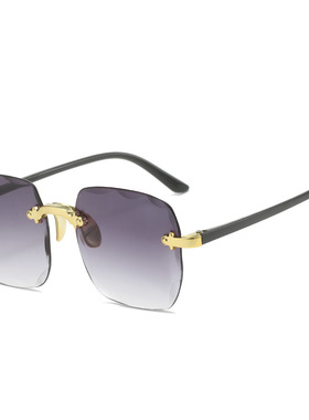 跨境欧美无框方形太阳镜时尚潮流切边无框墨镜女士街拍走秀太阳镜