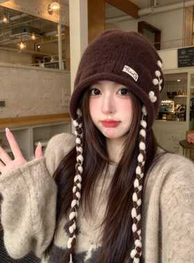 显脸小护耳保暖堆堆帽韩国针织帽子女秋冬新款洋气毛球挂绳毛线帽