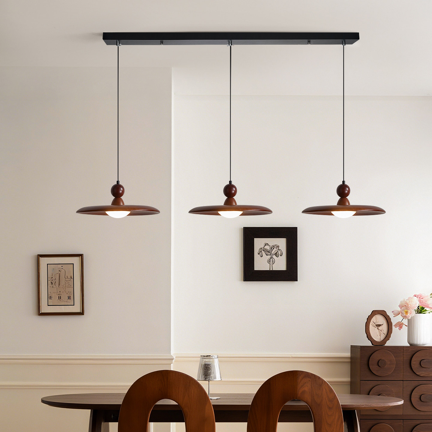 中古风飞碟吊灯餐厅三头LED护眼复古胡桃木飞碟实木岛台吧台灯具,淘宝优惠券,粉丝福利购,淘宝优惠卷