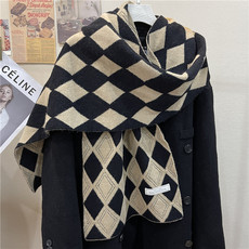 шарф 韩版北极绒菱形格子围巾女冬季文艺复古针织毛线披肩保暖学生围脖