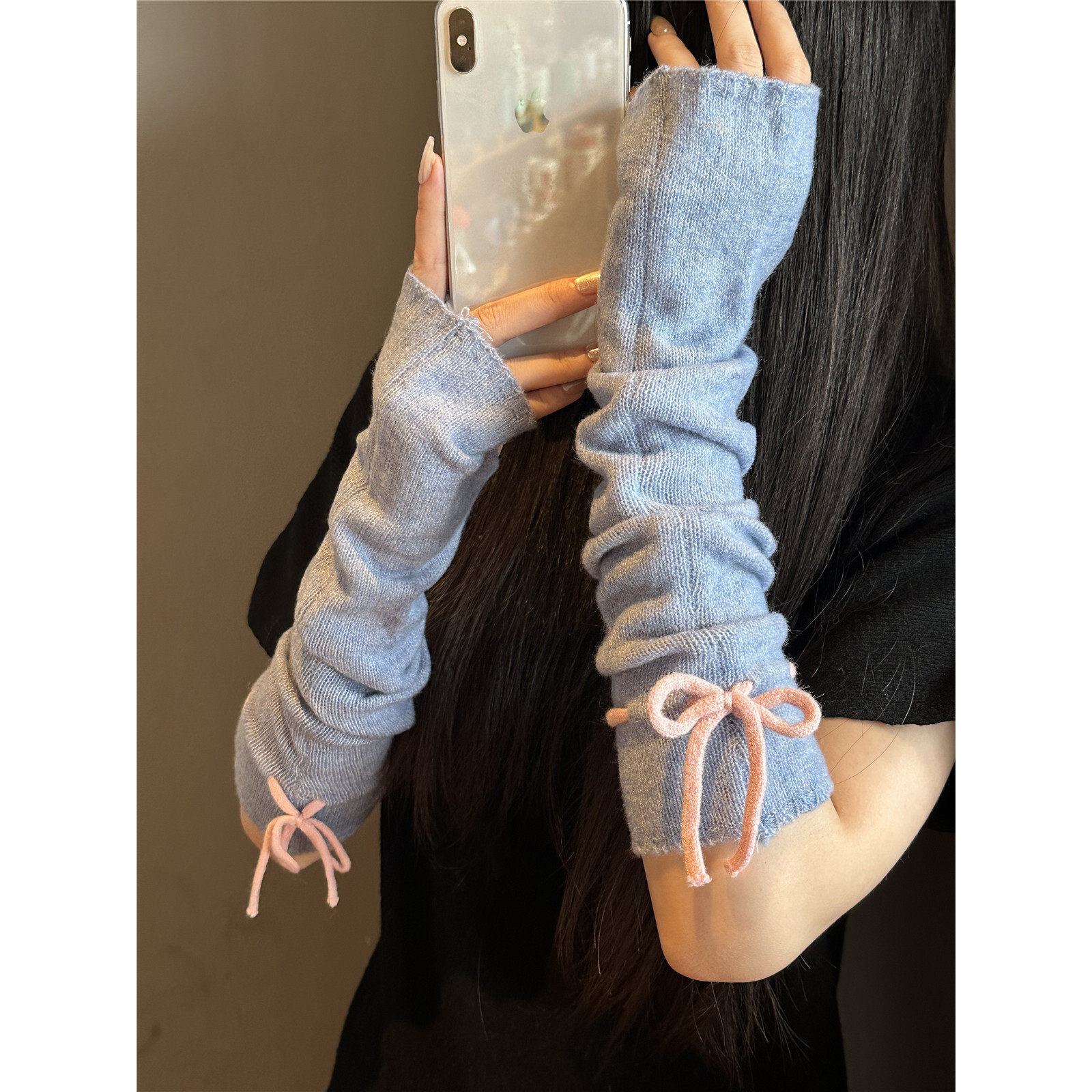 2025秋冬季系带蝴蝶结针织毛线袖套半指手套防寒保暖骑车护手臂潮,淘宝优惠券,粉丝福利购,淘宝优惠卷