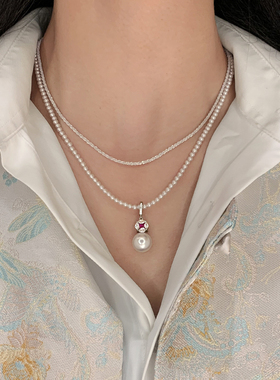 奥地利红宝石珍珠吊坠项链女