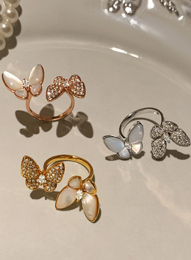 白贝母双蝴蝶戒指女小众